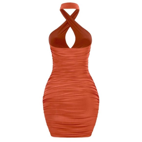 Tresser Ruched Bodycon Keyhole Halter Mini Dress Orange Size Small NWT - Picture 3 of 5
